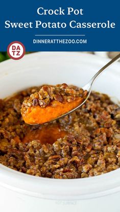 crock pot sweet potato casserole recipe in a white bowl with a spoon