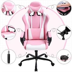 pink and white office chair with various features