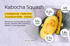 the ingredients for kabocha squash are shown on a marble counter top with information about it