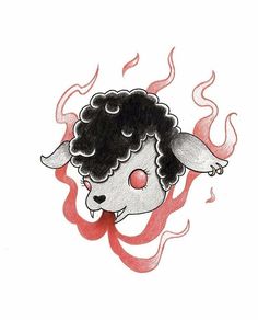 a drawing of a dog with flames coming out of it's head and eyes