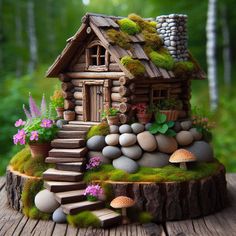 a small house made out of rocks and moss on top of a wooden table in the woods