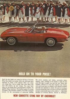 an advertisement for corvette cars with people in the background