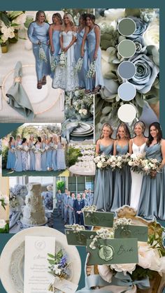 a collage of different pictures with blue and green colors, including the bridesmaid's bouquets