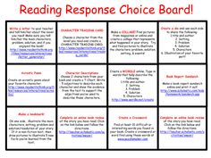 the reading response choice board is shown in red and blue, with text on it