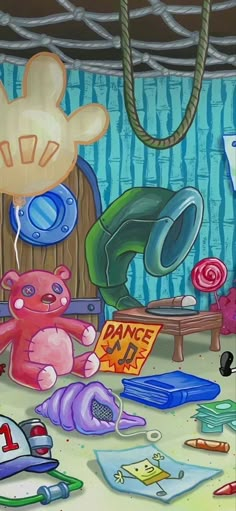 a painting of a teddy bear surrounded by toys