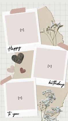 four pictures with hearts and flowers on them, one is for you to write happy birthday