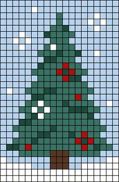 a cross stitch christmas tree with red and white dots on the bottom, in green and blue