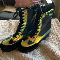 Only Tried On And Never Worn! My Ankles Are A Little Too Thick For These. Super Cute And Comfy! Side Zipper Closure And Laces In The Front Bamboo Size 11 Boots Platform Boots, Designer Collection, Black Green, Side Zipper, Bamboo, Super Cute, Women Shoes, Zipper, Boots