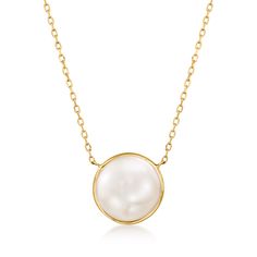 Ross-Simons - 8-8.5mm Cultured Pearl Necklace in 14kt Yellow Gold. 18". Satisfyingly symmetrical and oh so luminous, this 8-8.5mm cultured freshwater button pearl necklace exudes simple sophistication. Stationed on a classic 14kt yellow gold cable chain. Springring clasp, white pearl necklace. Pearl birthstones are the perfect gift for June birthdays. Pearl Birthstone, White Pearl Necklace, Cultured Pearl Necklace, Gold Pearl Necklace, Necklace Pearl, Pearl Types, Pearl Color, Fine Jewellery Necklace, Gold Pearl