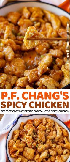 the recipe for p f change's spicy chicken is shown in two different pictures