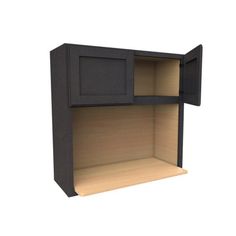 a black cabinet with two open doors and one closed drawer on the left side, against a white background