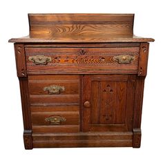 an old wooden dresser with many drawers and knobs on it's doors, isolated against a white background