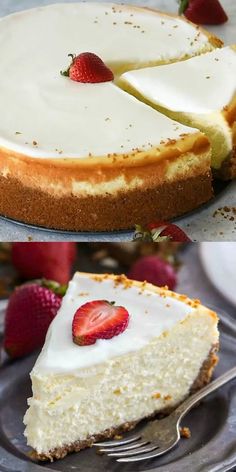 two pictures of cheesecake with strawberries on the top and bottom one is white