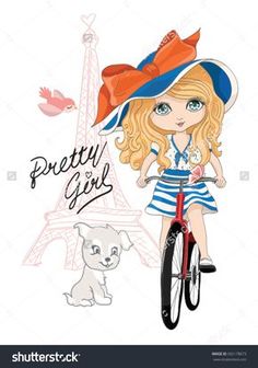 a girl riding a bike with the eiffel tower in the background and a dog