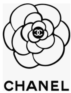 the chanel logo is shown in black and white, with a flower on it