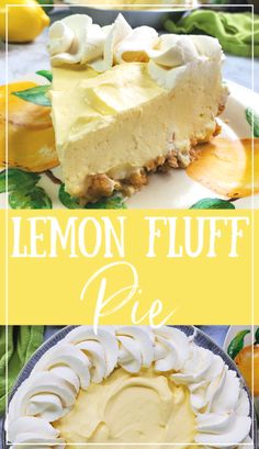 lemon fluff pie with meringue and whipped cream on the top is shown