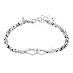 "You'll have double the love for this sterling silver heart mesh bracelet. You'll have double the love for this sterling silver heart mesh bracelet. Length: 8 in. Metal: sterling silver Plating: rhodium Finish: polished Packaging: boxed Please note, due to the high value of this item, a signature may be required upon delivery. Size: 7-8"" ADJ. Gender: female. Age Group: adult." Sterling Silver Double Heart Bracelet, Sterling Silver Double Heart Bracelets, Double Heart Metal Bracelet For Anniversary, Metal Double Heart Bracelets For Anniversary, Metal Bracelets With Double Heart For Anniversary, Adjustable Double Heart Chain Bracelet, Silver Heart Jubilee Bracelet For Valentine's Day, Mesh Bracelet, Double Heart