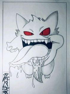 a drawing of a monster with red eyes and fangs on it's face is shown