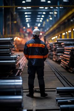 a man standing in front of stacks of steel