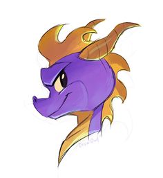 a drawing of a purple and gold colored dragon's head with horns on it