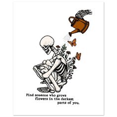 a skeleton sitting on the ground next to a watering can with butterflies flying around it