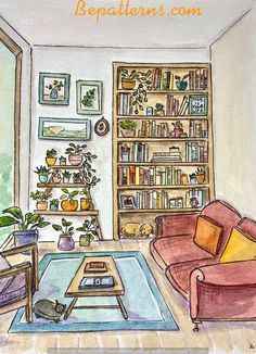 a drawing of a living room with bookshelves and couches in the corner