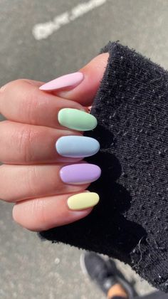 Pastel Colorful Nails, Simple Spring Nails, Pastel Nails Designs, Colorful Nails, Rainbow Nails, Pastel Nails