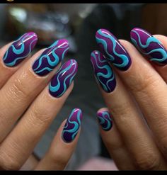 Nails With Red And Black, Teal Purple Nails, Purple Design Nails, Blue And Purple Nails, Swirl Nail Designs, Trippy Nails, Cloud Emoji, Summer Ombre Nails, Nails Vibrant