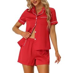 Great for loungewear, nightwear, sleepwear, home bedroom, daily wear. Features: 2 Piece sleepwear set, includ short sleeves tops and shorts. These women's sleepwears set use the super soft breathable pure satin, give you best dress exprience. No matter the cozy bedtime, casual home relax, laze afternoon, comfy bath, the soft and lightweight women's nightdress could company with you all the time. It's good choice to be a perfect gift for your mom, wife,daughter, girlfriend,or friends as lounge we Button Down Shirt With Shorts, Satin Button Down Shirt, Shorts Sleepwear, Girls Gift Guide, Satin Pj Set, Cute Sleepwear, Makeup Girl, Night Dress For Women, Short Pj Set