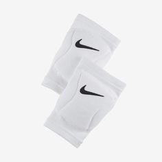 two pairs of white knee pads with black nike logo on the front and back side