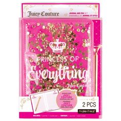 the princess of everything paper pad is pink with gold glitters and has a crown on it