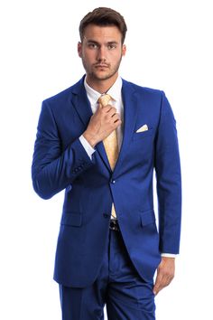 Men's Two Button Basic Modern Fit Business Suit in Royal Blue Classic Blue Suit Collar Sets, Tailored Blue Sport Coat With Double Button, Blue Office Suits With Double Button Closure, Tailored Blue Sport Coat With Double Button Closure, Classic Blue Sets With Suit Collar, Blue Slim Fit Blazer With Long Sleeves, Blue Slim Fit Long Sleeve Blazer, Blue Single Breasted Semi-formal Sets, Elegant Blue Sport Coat With Buttons