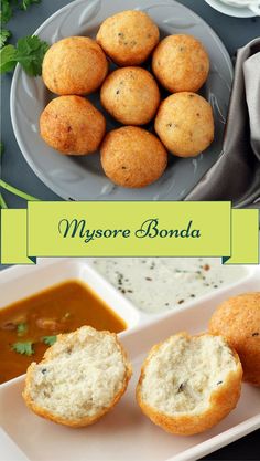 some food is sitting on a plate with sauces next to it and the words, mysore bonda