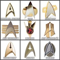 the star trek insignias are shown in gold and silver