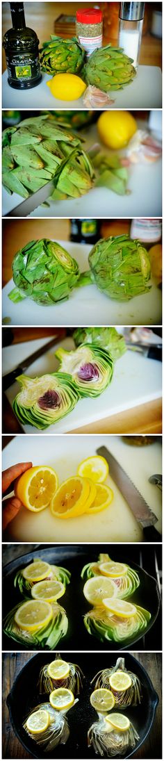 the process of making artichokes is shown in four different stages, including being sliced