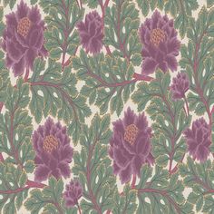 a floral wallpaper with purple flowers and green leaves