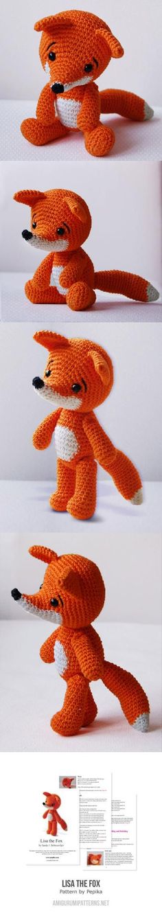 an orange stuffed animal is shown in three different positions, including the tail and head