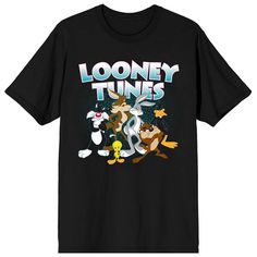 Classic Looney Tunes fans will love this graphic tee of the whole gang. Classic Looney Tunes fans will love this graphic tee of the whole gang. Crewneck Short sleevesFABRIC & CARE Cotton, polyester Machine wash Imported Color: Black. Gender: male. Age Group: adult. Material: Cotton Blend. Graphic Tee For Fan Conventions, Novelty Fan Merchandise T-shirt With Letter Print, Novelty Black T-shirt With Character Print, Funny Fan Merchandise T-shirt With Front Print, Retro Black T-shirt With Cartoon Print, Retro Black T-shirt For Fan Conventions, Fan Apparel T-shirt With Cartoon Print For Conventions, Black Novelty T-shirt With Character Print, Novelty Character Print T-shirt For Streetwear