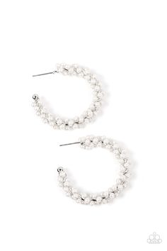 A dainty strand of white pearls is delicately wrapped around a classic silver hoop, creating bubbly refinement. Earring attaches to a standard post fitting. Hoop measures approximately 1 1/2" in diameter.   Sold as one pair of hoop earrings. White Hoop Earrings, White Pearl Earring, Pearl Hoop Earrings, Paparazzi Accessories, Earrings 3, Classic Gold, Paparazzi Jewelry, White Earrings, Shiny Silver