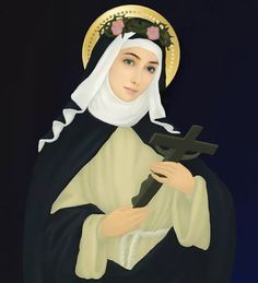 a painting of a woman holding a cross