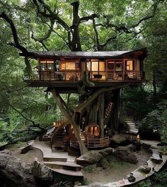 a tree house with stairs leading up to it