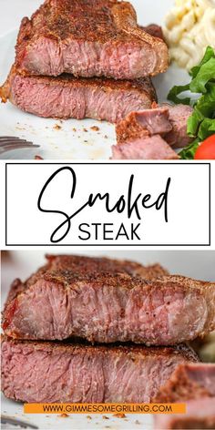 grilled steak on a white plate with salad and dressing in the background text reads smoked steak