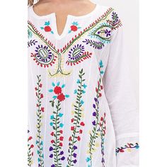 Raj Belle Embroidered Tunic  Paired with well-worn denim or tailored shorts, this embroidered tunic brings easy, breezy style to every look.         Wide neck with deep v     Long sleeves     Relaxed fit     Embroidered details     52% Cotton 48% Viscose     Machine wash, tumble dry     Imported Spring V-neck Blouse With Chikankari Embroidery, Summer V-neck Blouse With Chikankari Embroidery, Summer V-neck Blouse With Floral Embroidery, Summer V-neck Top With Geometric Embroidery, Casual V-neck Embroidered Top With Multicolor Embroidery, Spring V-neck Chikankari Embroidered Top, Traditional V-neck Spring Blouse, Summer V-neck Tunic With Chikankari Embroidery, V-neck Blouse With Embroidered Hem For Vacation