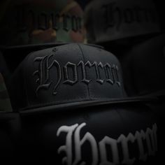 "HORROR HAT Black Snapback Hat Black Embroidery On Black Hat Black Under-Bill Suggested Size Range: Fits hat sizes: 7 - 7 3/4 (22\"-24.25\")" Embroidery On Black, Dream Warriors, 80s Hair Bands, Caps And Hats, Crown Hat, Warriors Shirt, North Las Vegas, Black Snapback, Black Embroidery