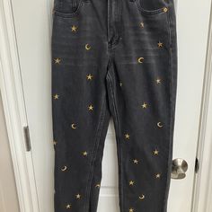 S.O.N.G. Timeless Fit Denim, Faded Black, Stars And Moons Gold Embroidery, 27" Ankle Length, Raw Hem, Comfort Fit Through Hip And Thigh, Straight Cut From Hip To Hem, Nwot Black Jean Embroidery, Black Jeans Embroidery, Stars And Moons, Black Stars, Jean Pockets, Star Embroidery, Gold Embroidery, Black Star, Straight Cut