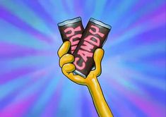 a cartoon hand holding two cans of candy