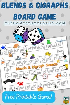 a printable board game with two dices on it and the words blends and dig