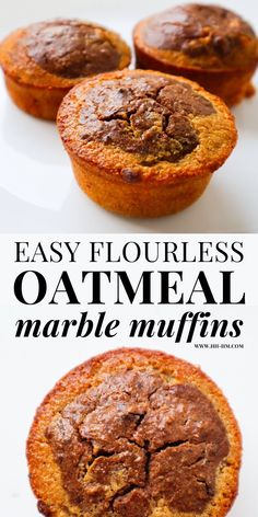 three chocolate muffins with text overlay that says easy flourless oatmeal marble muffins