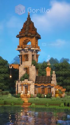 Minecraft Survival Lake House, Minecraft House With Tower Ideas, Look Out Tower Minecraft, Cute Survival Minecraft Houses, Mc Tower Ideas, Towers Minecraft Ideas, Minecraft Building Tower, Mc Wizard Tower, Minecraft Village Tower