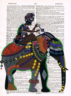 an elephant with two people riding on it's back, in the middle of a page